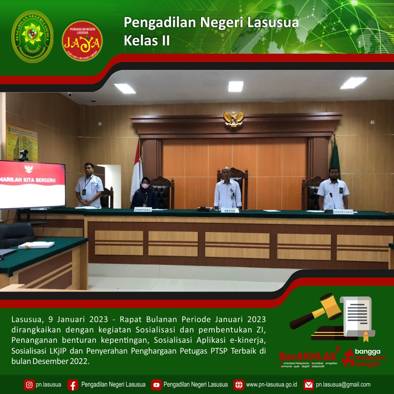 Rapat Bulanan Periode Januari 2023 dirangkaikan dengan kegiatan Sosialisasi dan pembentukan ZI, Penanganan benturan kepentingan, Sosialisasi Aplikasi e-kinerja, Sosialisasi LKjIP dan Penyerahan Penghargaan Petugas PTSP Terbaik di bulan Desember 2022